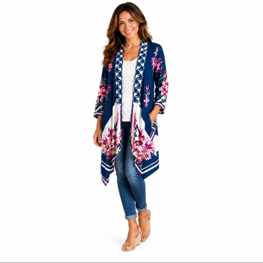 FLYING TOMATO Floral Blue & White Open Front Duster Kimono Size: Large